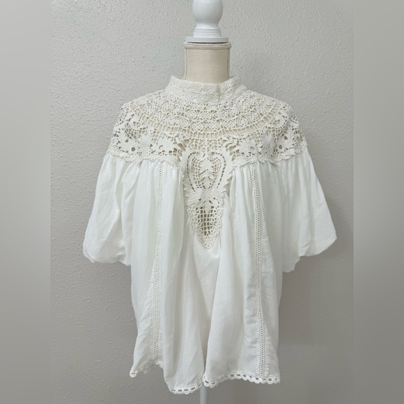 Anthropologie Mock-Neck Puff-Sleeve Lace Blouse Size XLP - Picture 4 of 13